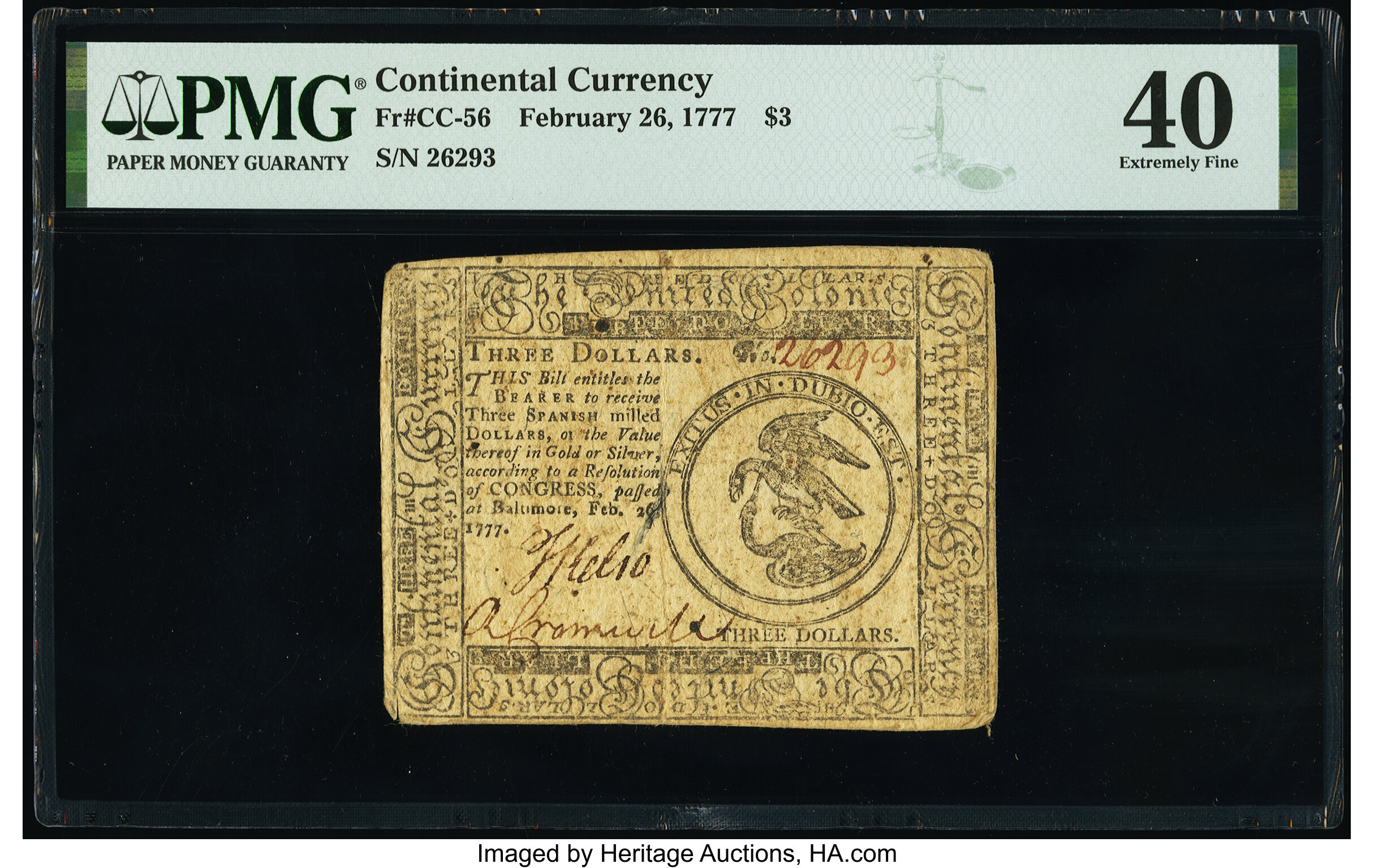 image for: Continental Currency February 26, 1777 $3 PMG Extremely Fine 40....