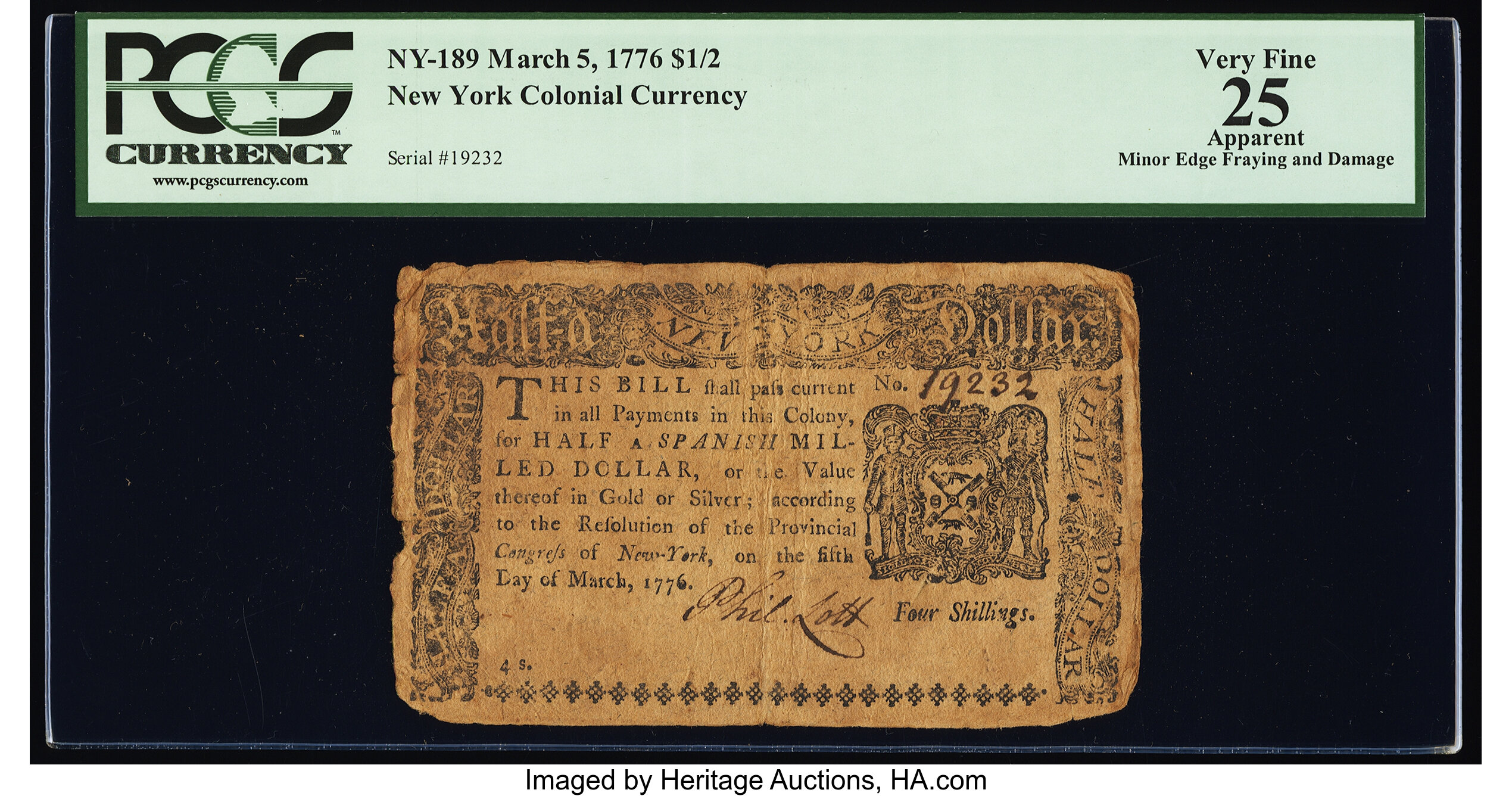 image for: New York March 5, 1776 $1/2 PCGS Apparent Very Fine 25....