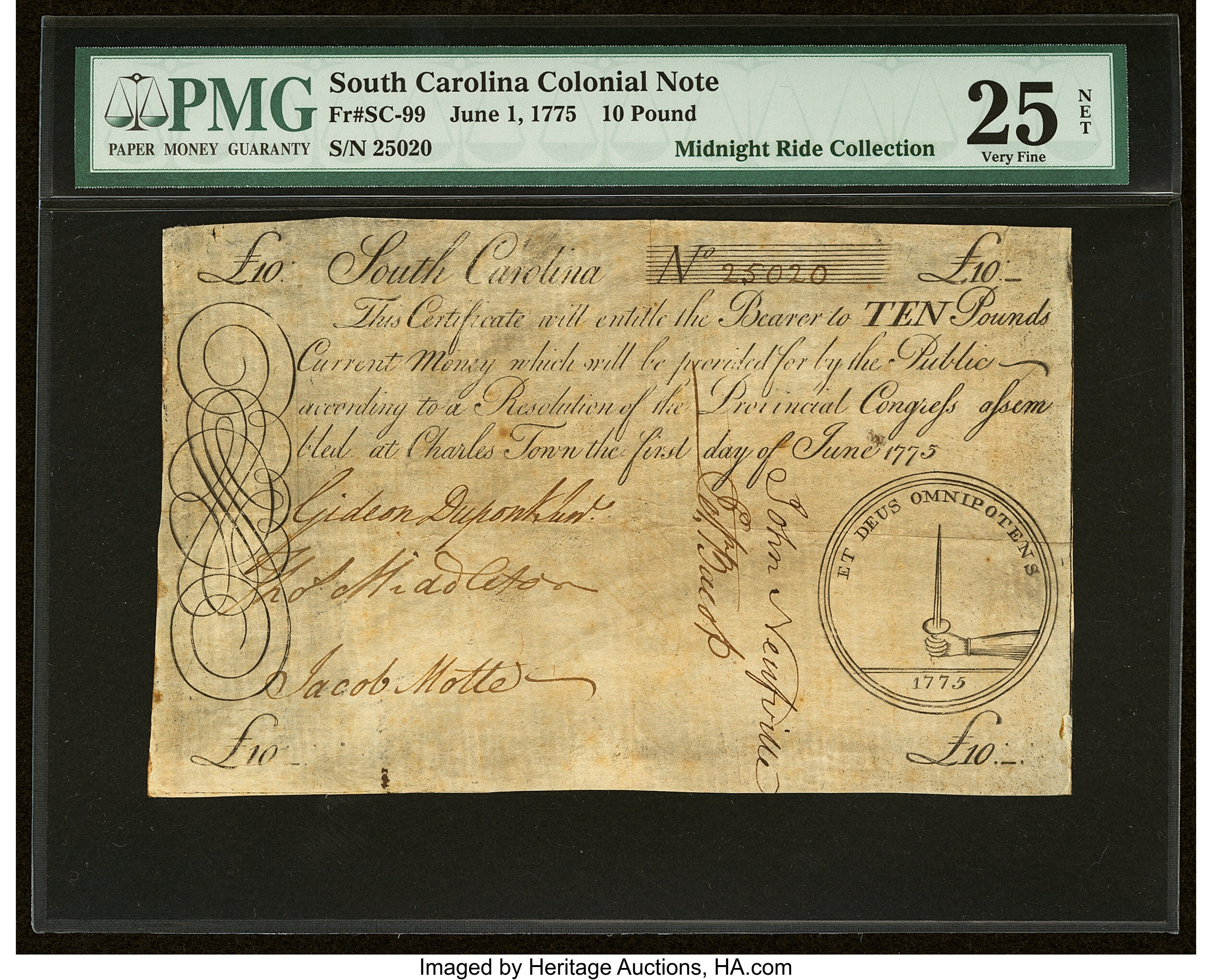 image for: South Carolina June 1, 1775 £10 PMG Very Fine 25 Net....