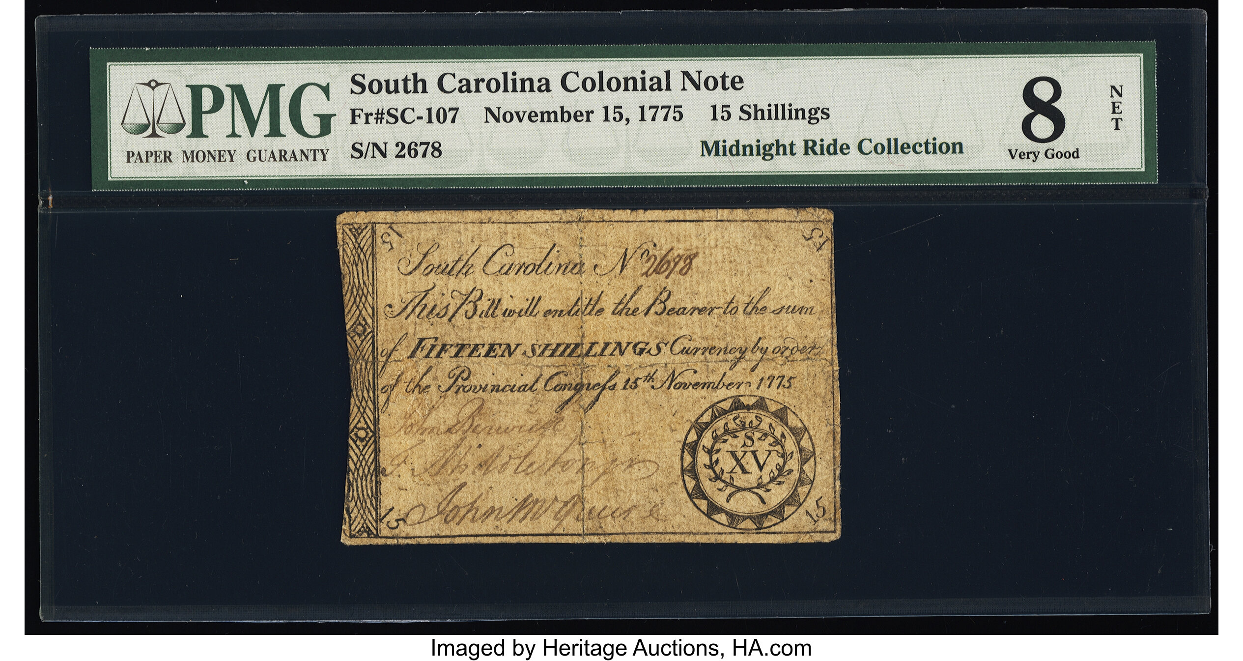 image for: South Carolina November 15, 1775 15s PMG Very Good 8 Net....