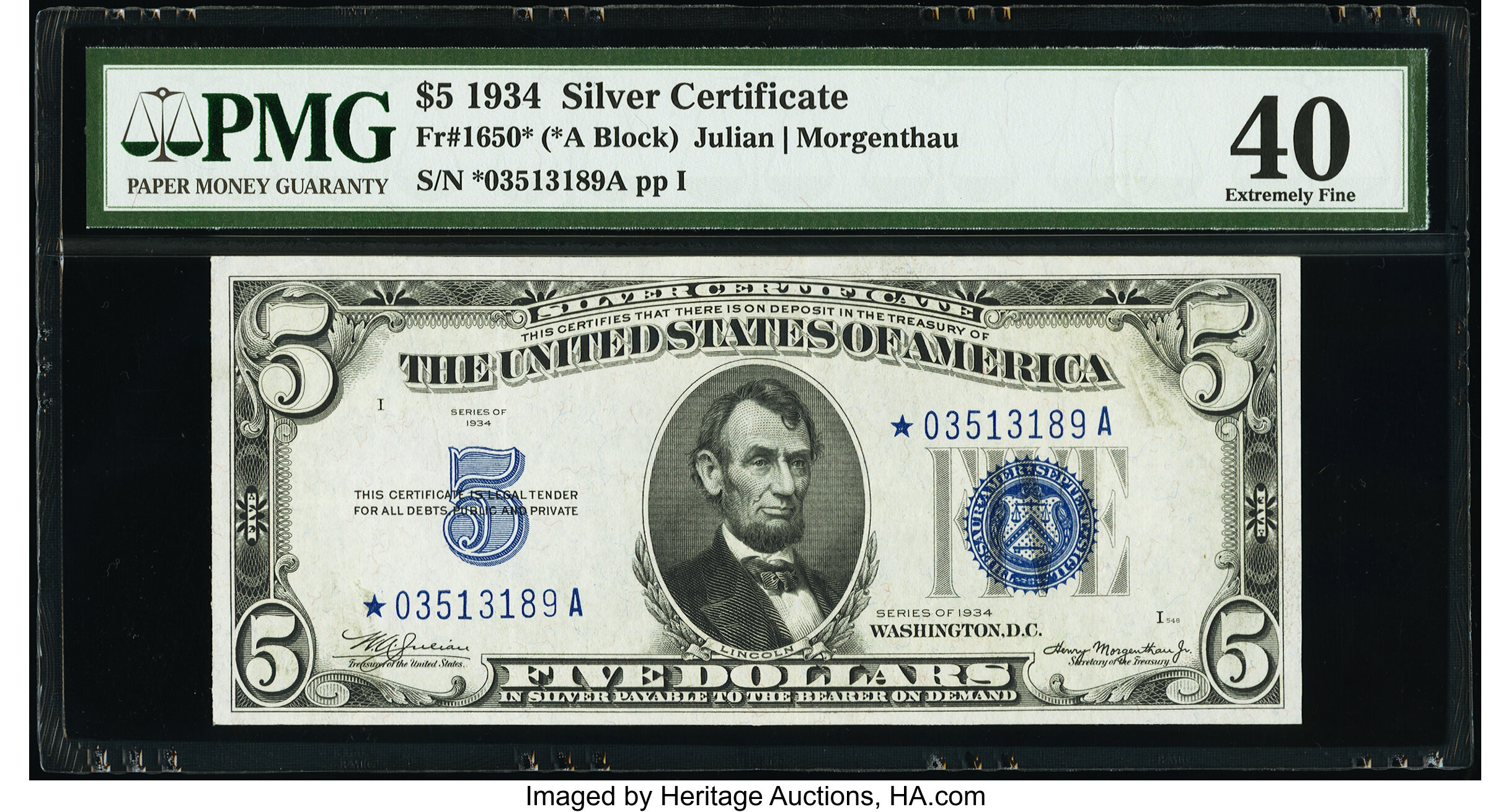 image for: Fr. 1650* $5 1934 Silver Certificate Star. PMG Extremely Fine 40....