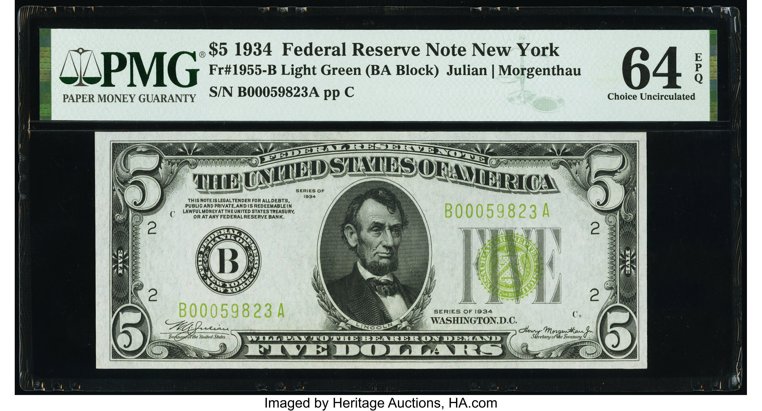 image for: Fr. 1955-B $5 1934 Federal Reserve Note. PMG Choice Uncirculated 64 EPQ....