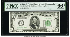 image for: Fr. 1959-I $5 1934C Federal Reserve Note. PMG Gem Uncirculated 66 EPQ....