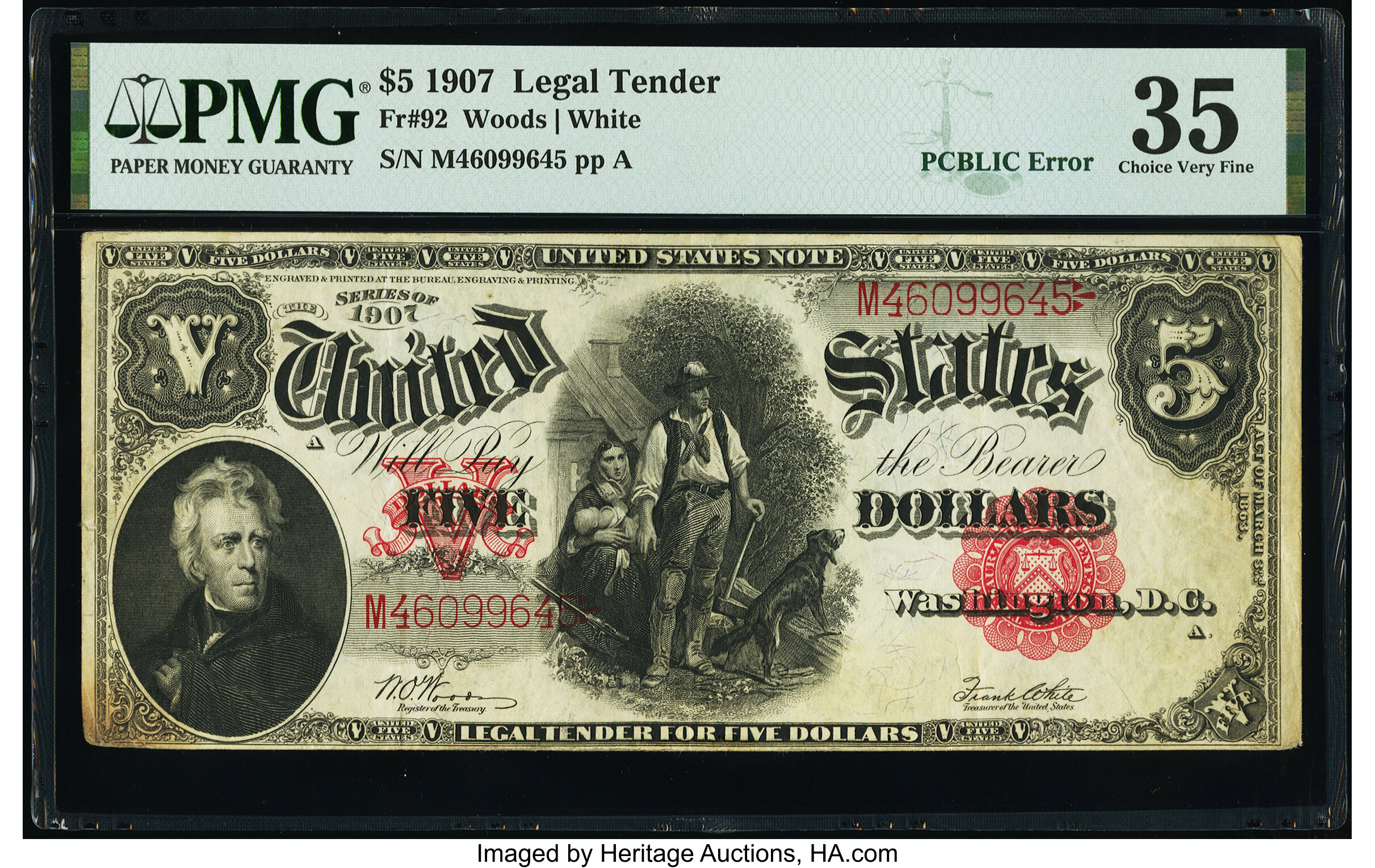 image for: Fr. 92 $5 1907 "PCBLIC" Error Legal Tender PMG Choice Very Fine 35....