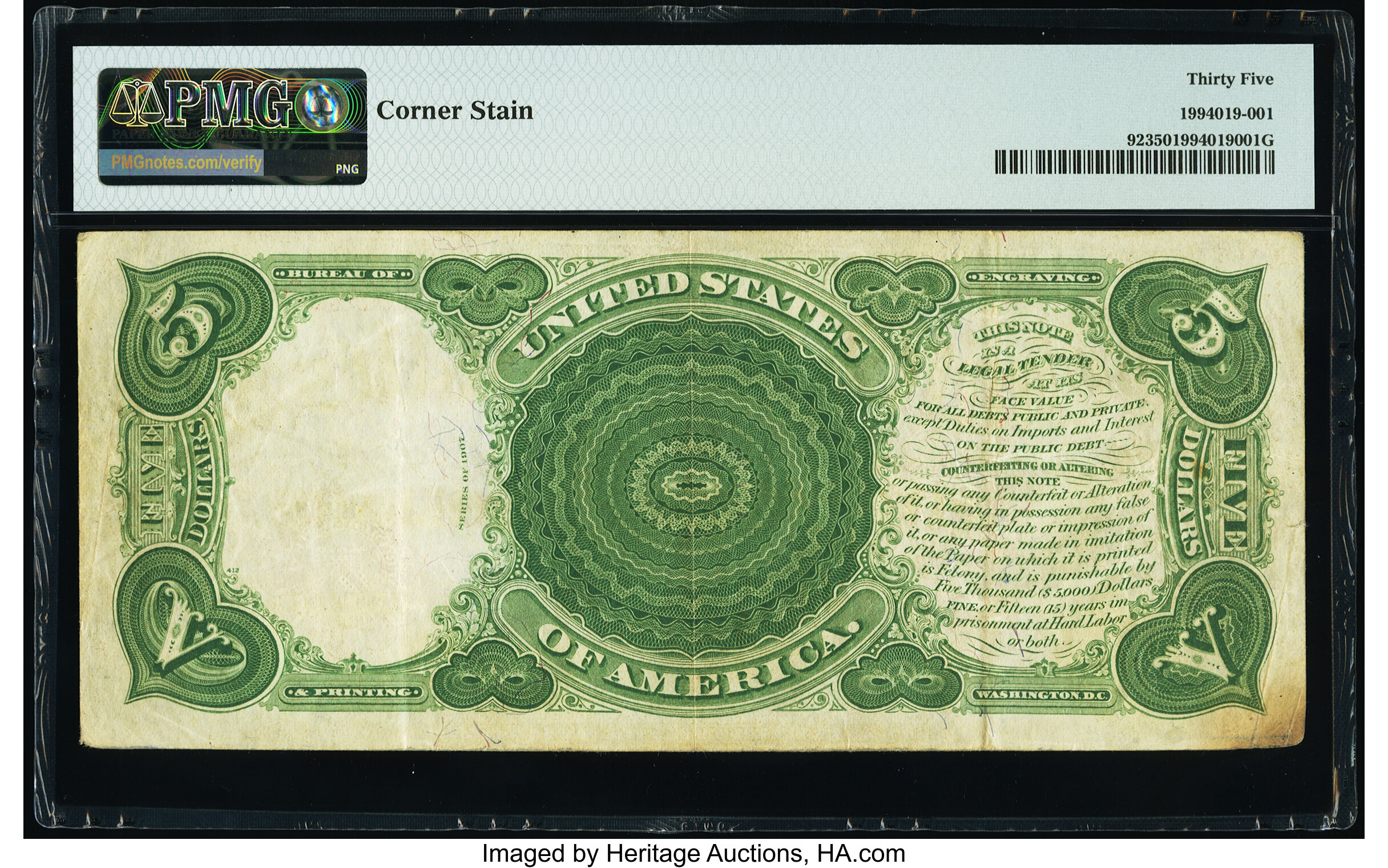 image for: Fr. 92 $5 1907 "PCBLIC" Error Legal Tender PMG Choice Very Fine 35....