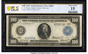 image for: Fr. 1124 $100 1914 Federal Reserve Note PCGS Banknote Choice Fine 15 Details....