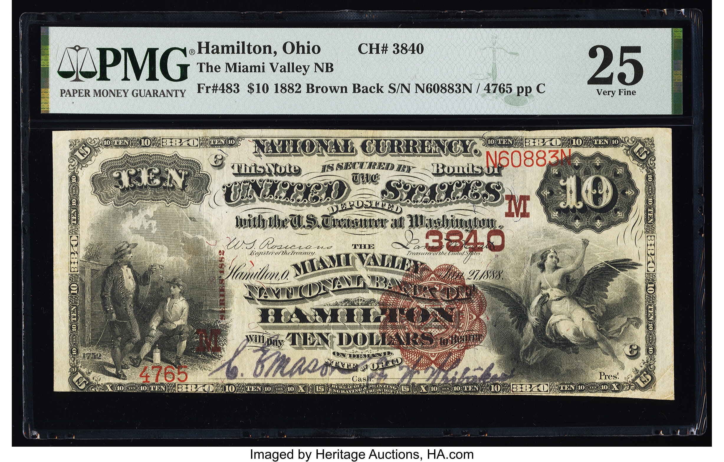 image for: Hamilton, OH - $10 1882 Brown Back Fr. 483 The Miami Valley National Bank Ch. # (M)3840 PMG Very Fine 25....