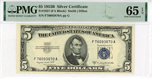image for: FR. 1657 1953B $5 Silver Certificate PMG Gem UNC 65 EPQ