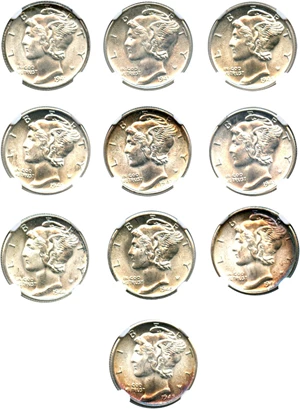 image for: Collector Lot of (10) Assorted Mercury 10c NGC MS65 (10 Coins)
