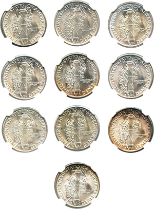 image for: Collector Lot of (10) Assorted Mercury 10c NGC MS65 (10 Coins)