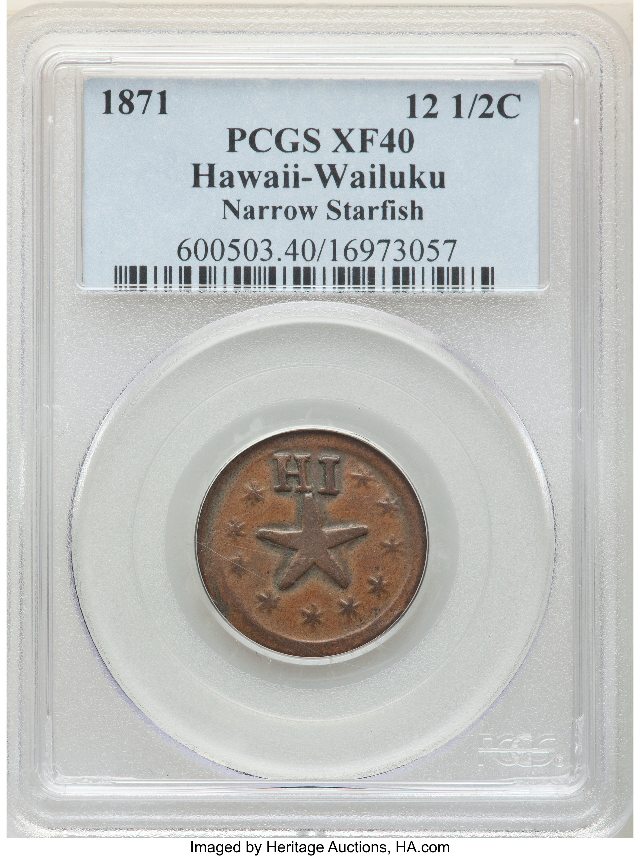 image for: 1871 12.5C Wailuku Plantation, 12 1/2 Cents, Narrow Starfish, XF40 PCGS. Medcalf 2TE-2. Glossy chestnut-brown surfaces ...