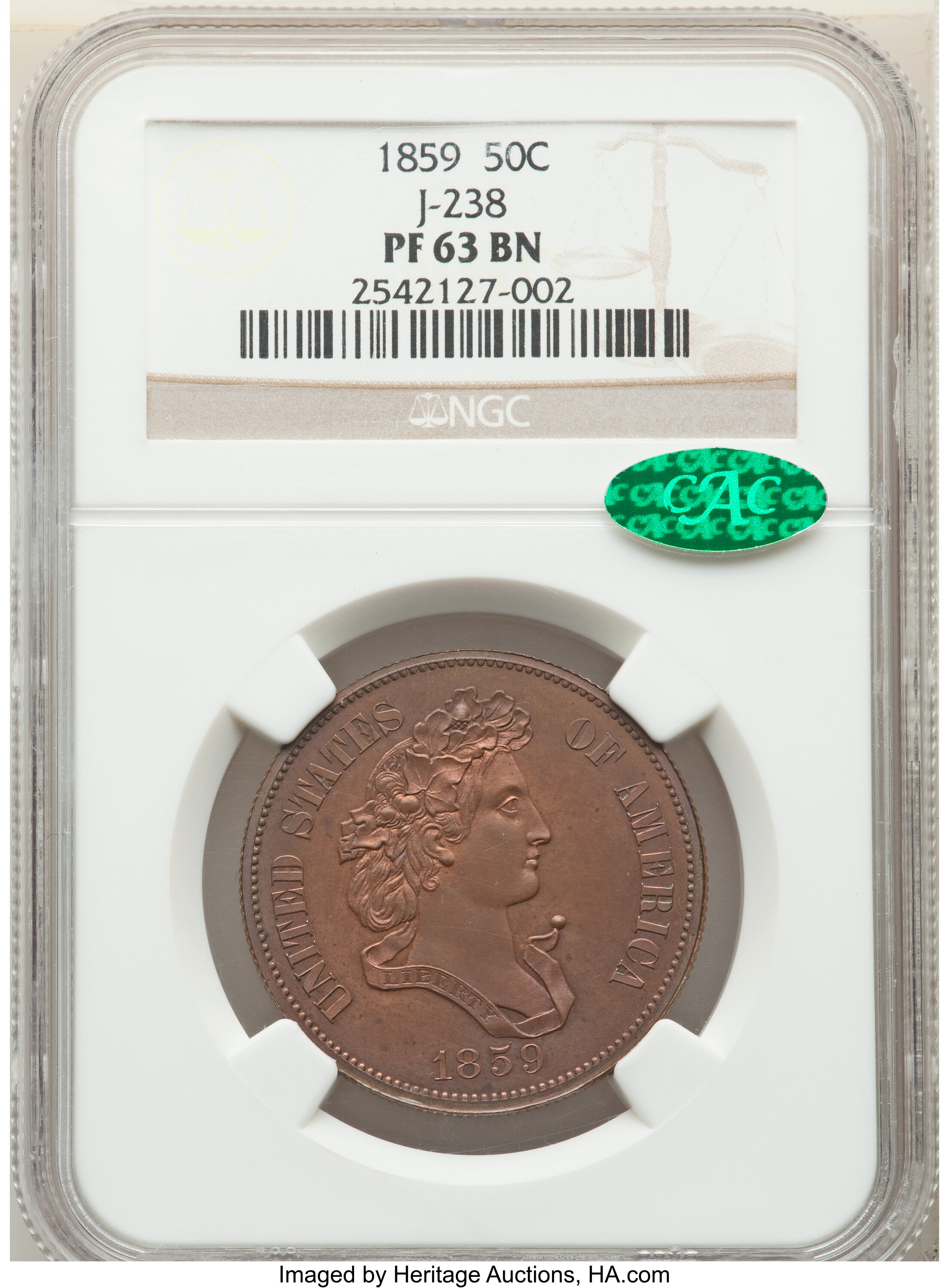 image for: 1859 P50C J-238 PR63 Brown NGC. CAC. NGC Census: (5/5). PCGS Population: (7/12).  From The Gold Coast Collection....