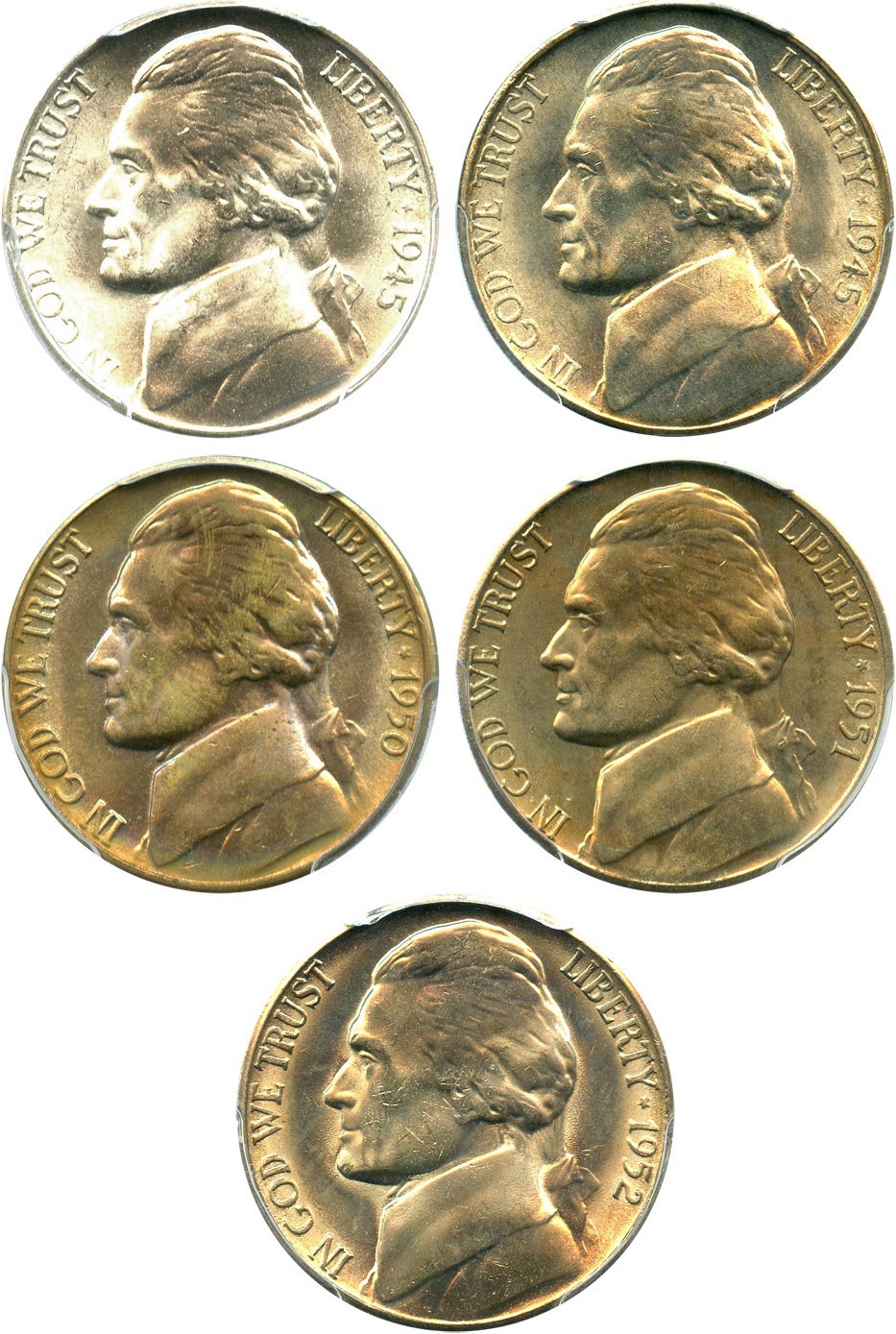 Lot of 5 Assorted Jefferson 5c: All PCGS MS65/66 (5 Coins Total) - No Reserve!