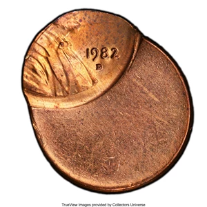 image for: 1982-D 1C Bronze, Small Date, Lincoln Cent -- Struck 75% Off Center @11:00 -- MS64 Red PCGS....