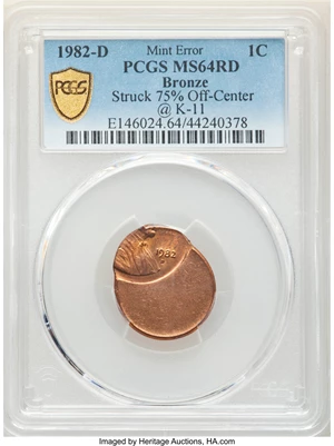 image for: 1982-D 1C Bronze, Small Date, Lincoln Cent -- Struck 75% Off Center @11:00 -- MS64 Red PCGS....