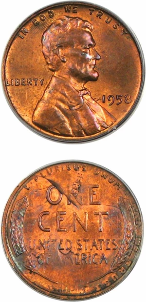 image for: Mint Error: 1958 1c PCGS MS64 RB (Foldover-Doublestruck in Collar)