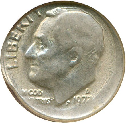 image for: Mint Error: 1972-D 10c  NGC AU58 - Off Center With Reverse Brockage