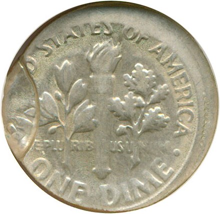 image for: Mint Error: 1972-D 10c  NGC AU58 - Off Center With Reverse Brockage