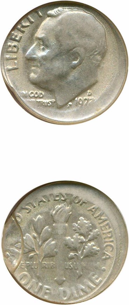 image for: Mint Error: 1972-D 10c  NGC AU58 - Off Center With Reverse Brockage