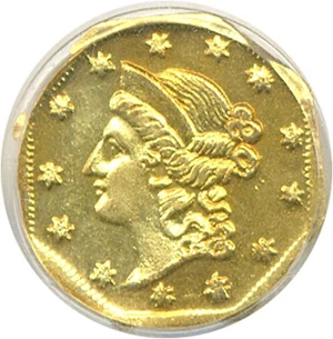 image for: Cal Gold: 1854 $1 BG-504 PCGS MS62 *$50 Slug Look-alike Reverse*