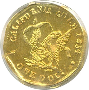 image for: Cal Gold: 1854 $1 BG-504 PCGS MS62 *$50 Slug Look-alike Reverse*