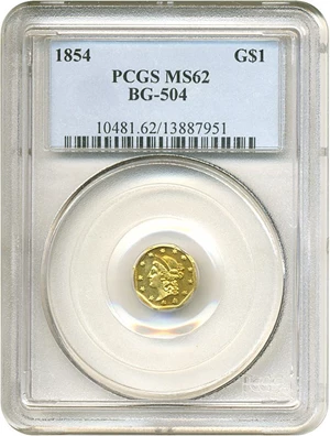 image for: Cal Gold: 1854 $1 BG-504 PCGS MS62 *$50 Slug Look-alike Reverse*