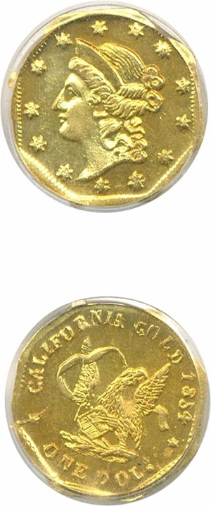 image for: Cal Gold: 1854 $1 BG-504 PCGS MS62 *$50 Slug Look-alike Reverse*