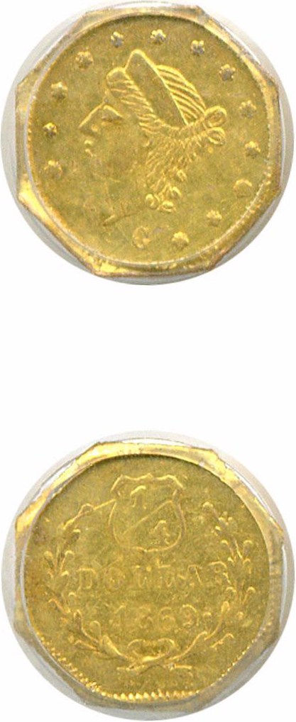 image for: Cal Gold: 1869 25c BG-751 PCGS AU58 