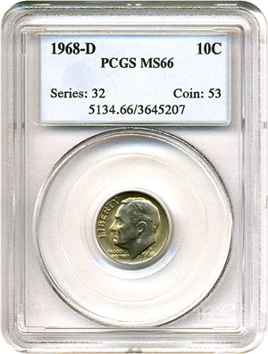image for: 1968-D 10c PCGS MS66