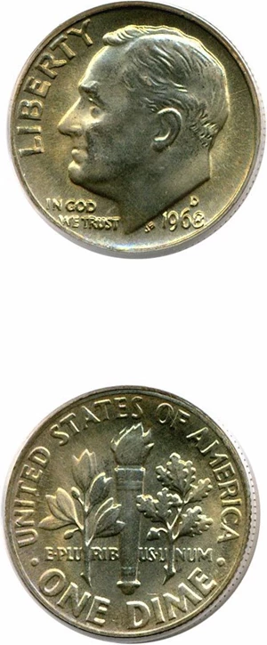 image for: 1968-D 10c PCGS MS66