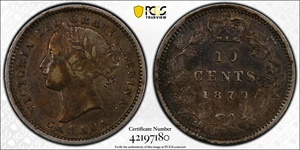 image for: CANADA. 10 Cents, 1870. London Mint. Victoria. PCGS EF-45.