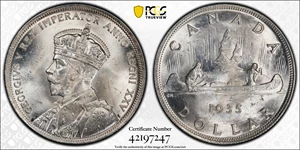 image for: CANADA. Dollar, 1935. Ottawa Mint. George V. PCGS MS-64+.