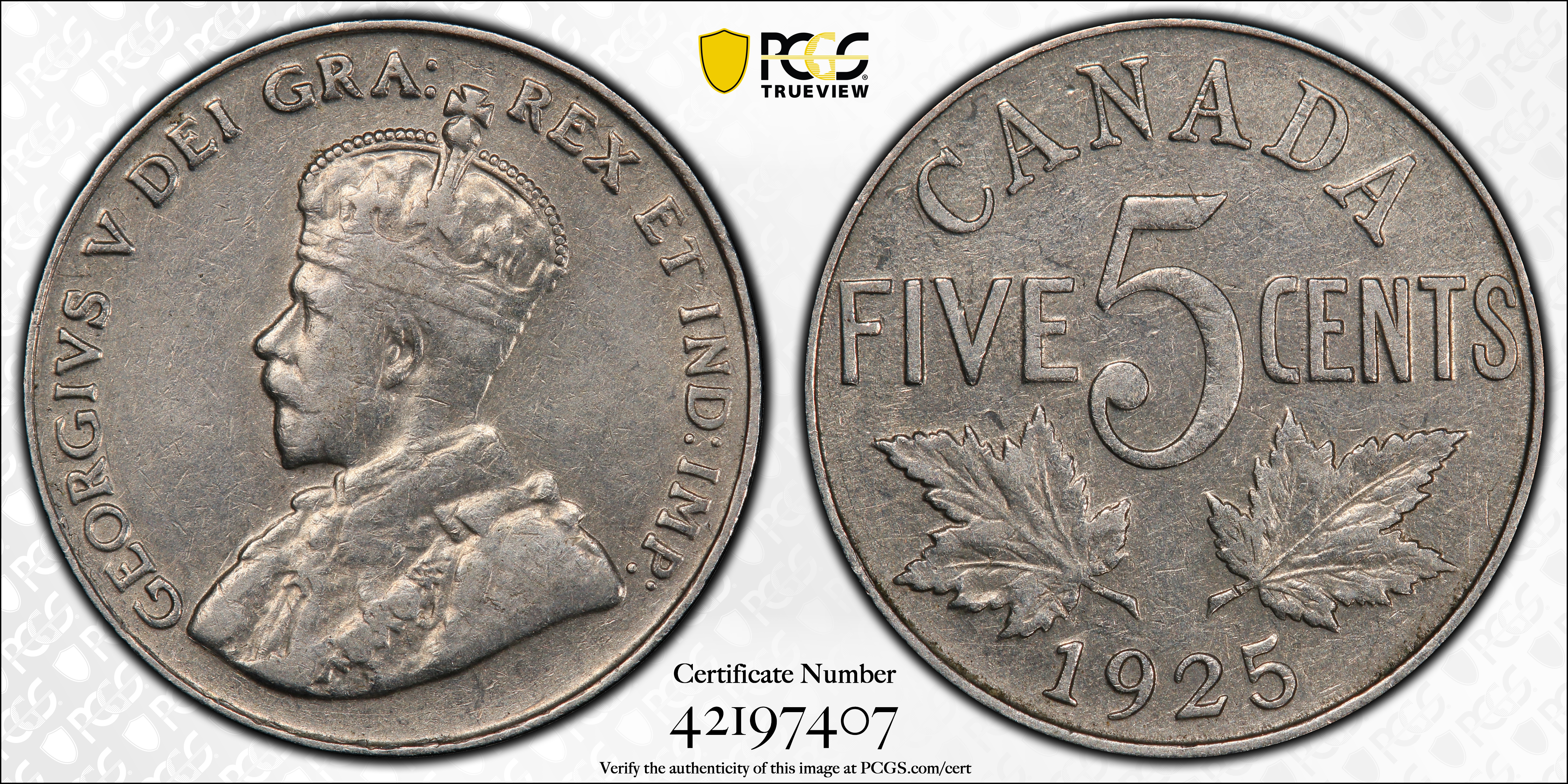 image for: CANADA. 5 Cents, 1925. Ottawa Mint. George V. PCGS AU-50.