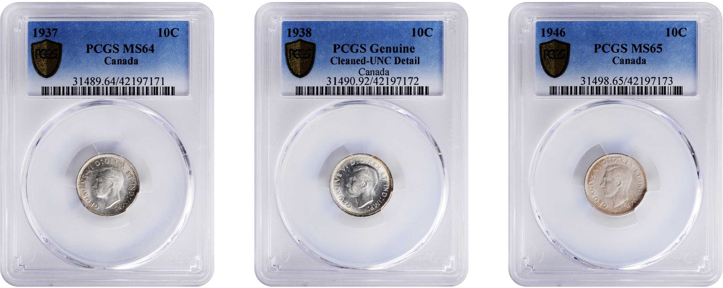CANADA. Trio of 10 Cents (3 Pieces), 1937-46. Ottawa Mint. George VI. Each PCGS Certified.