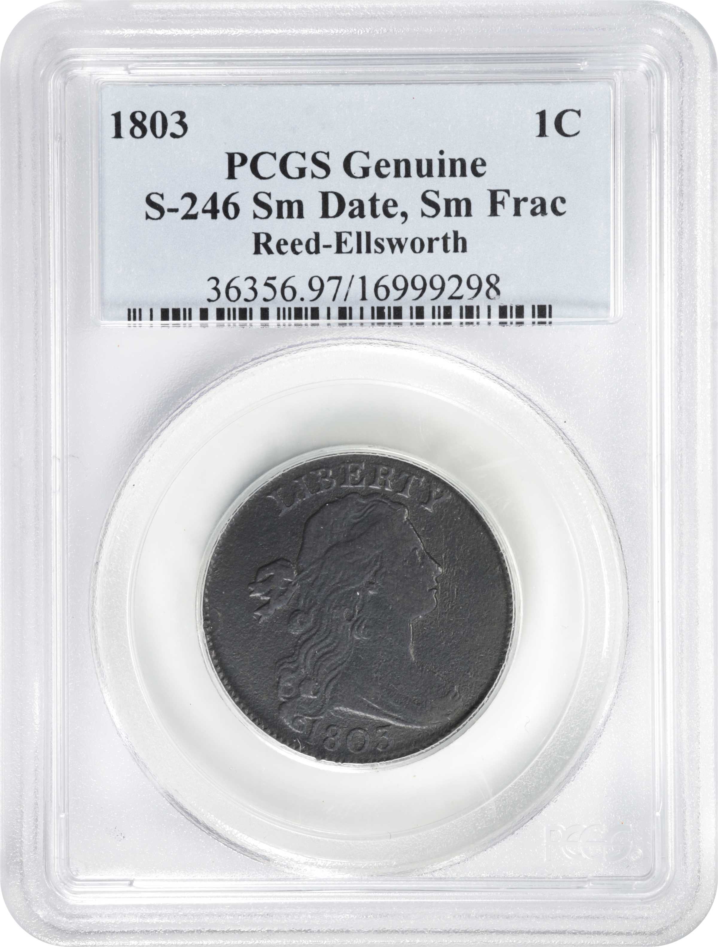 image for: 1803 Draped Bust Cent. S-246. Small Date, Small Fraction. Genuine--Environmental Damage (PCGS).