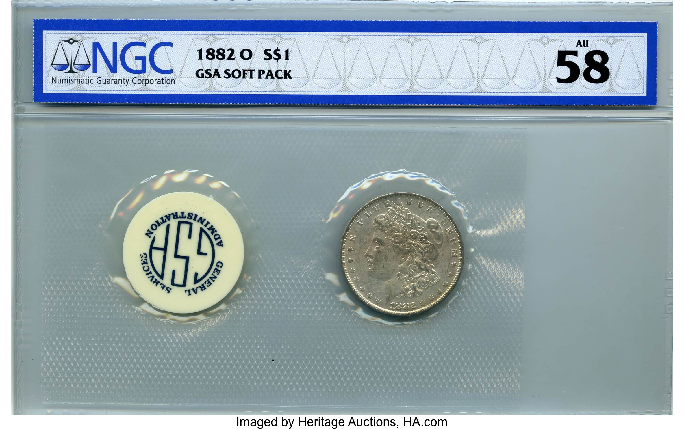 image for: 1882-O $1 GSA Hoard AU58 NGC. NGC Census: (0/0). PCGS Population: (0/0). AU58. ...