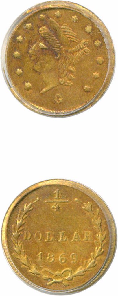image for: Cal Gold: 1869 25c BG-829 PCGS AU53 