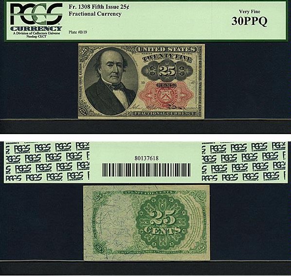 image for: Fractional Currency: Fr.1308  25-Cent Bust of Robert Walker. PCGS VF30 PPQ [80137618]