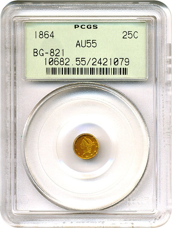 image for: Cal Gold: 1864 25c PCGS AU55 (BG-821) 