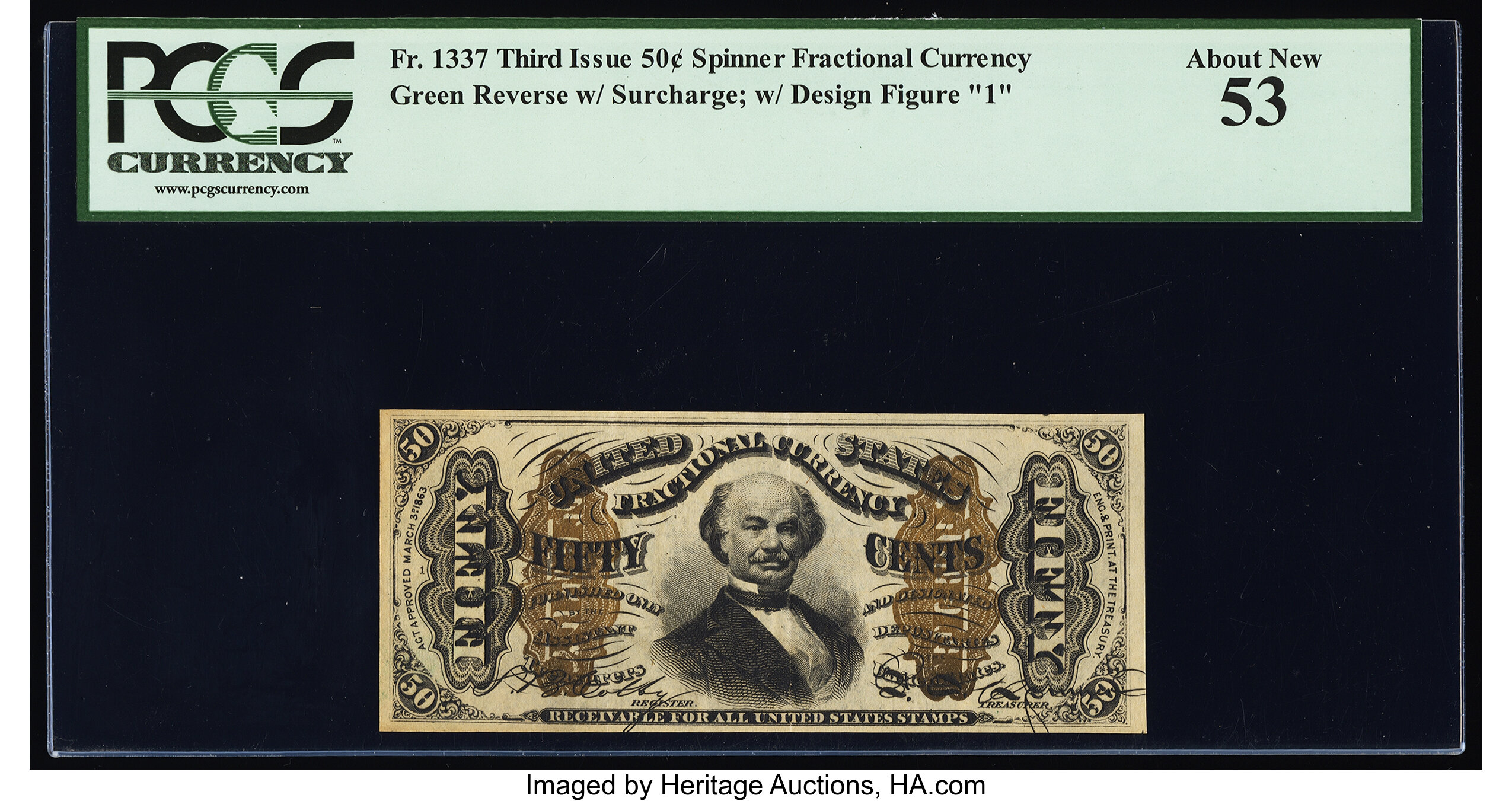 image for: Fr. 1337 50¢ Third Issue Spinner PCGS About New 53....