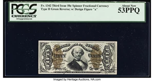 image for: Fr. 1342 50¢ Third Issue Spinner Type II PCGS About New 53PPQ....