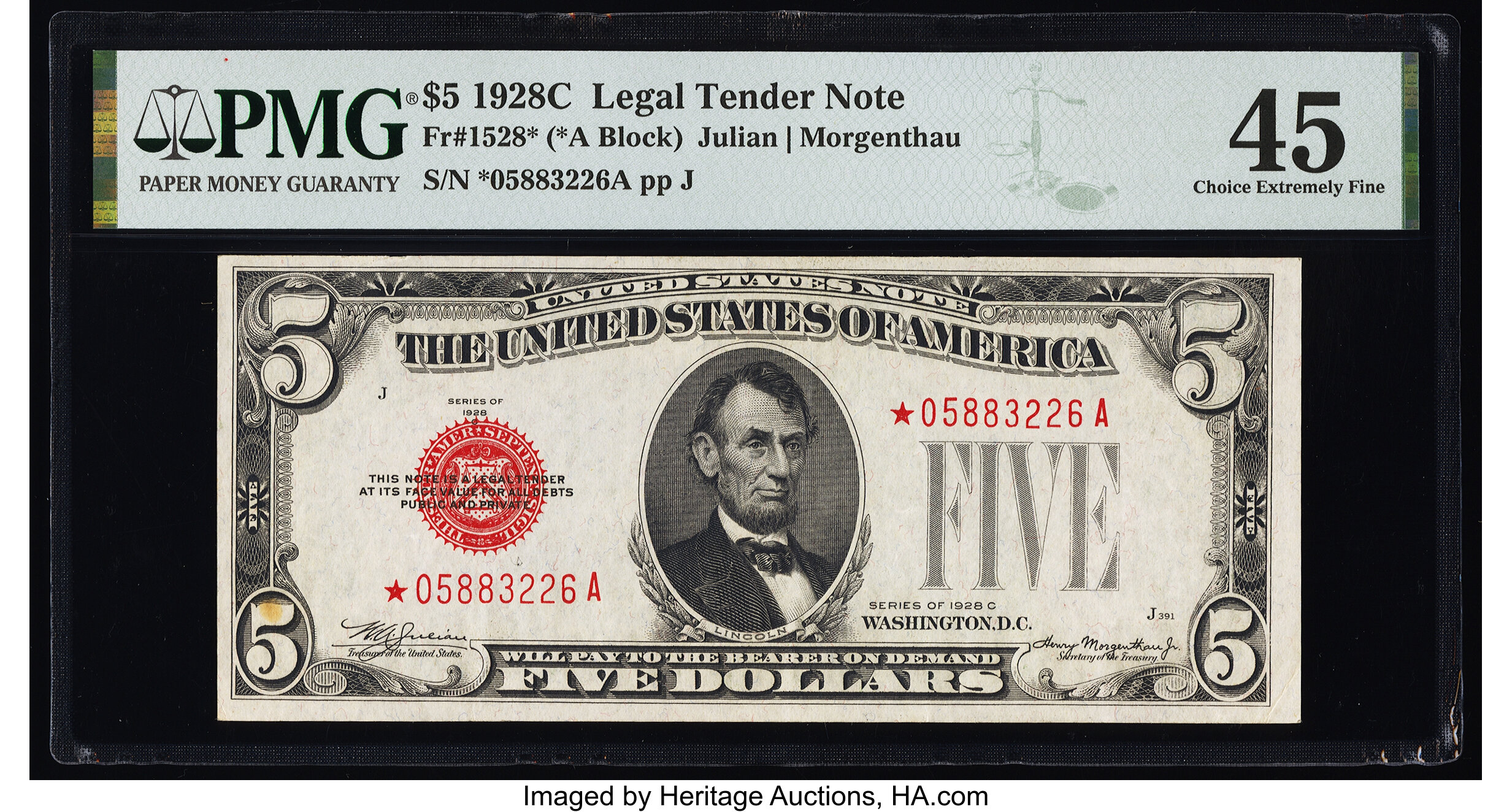 image for: Fr. 1528* $5 1928C Legal Tender Note. PMG Choice Extremely Fine 45....