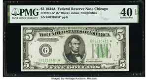 image for: Fr. 1957-G* $5 1934A Federal Reserve Star Note. PMG Extremely Fine 40 EPQ....