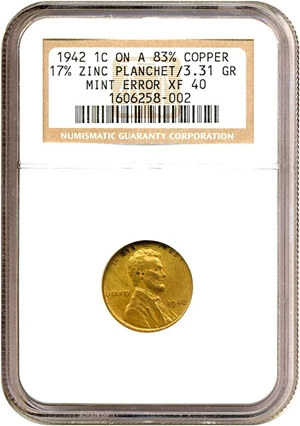 image for: 1942 1c NGC XF40 - On a 83% Copper 17% Zinc Planchet/3.31 GR