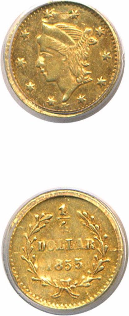image for: Cal Gold: 1855 25c BG-226 PCGS AU58 