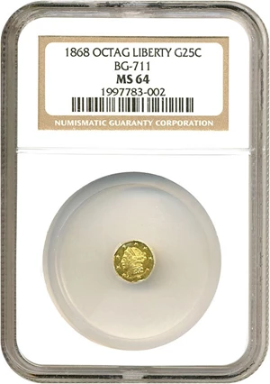 image for: Cal Gold: 1868 25c BG-711 NGC MS64