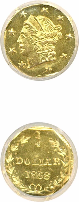 image for: Cal Gold: 1868 25c BG-711 NGC MS64