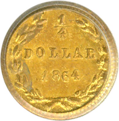 image for: Cal Gold: 1864 25c BG-821 PCGS AU58 