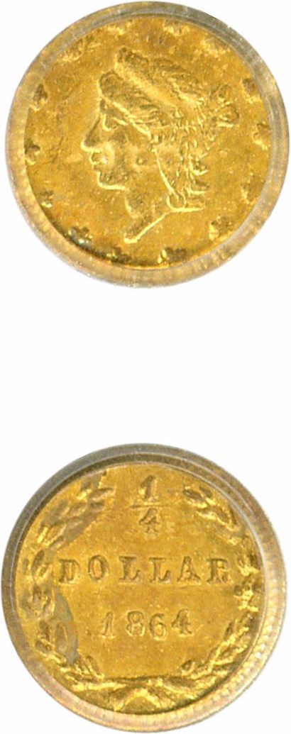 image for: Cal Gold: 1864 25c BG-821 PCGS AU58 