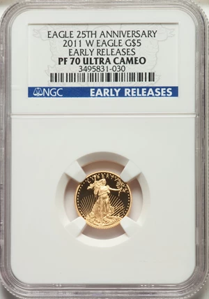 image for: 2011-W $5 Tenth-Ounce Gold Eagle, 25th Anniversary, Early Release, PR70 Ultra Cameo NGC. NGC Census: (1443). PCGS Populatio...